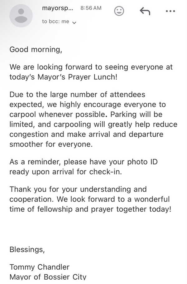 Email from Mayor Chandler saying he's looking forward to seeing him at Mike Johnson luncheon.