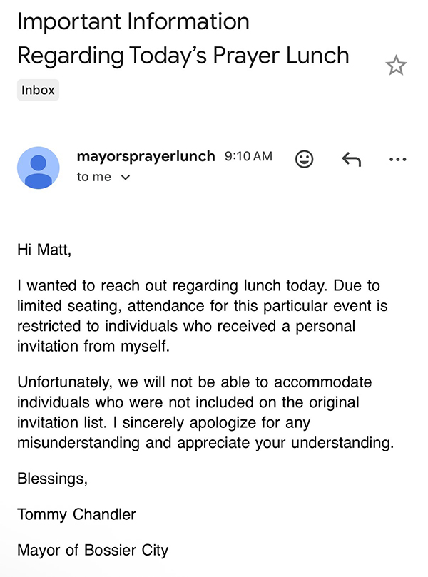 Email from Mayor Chandler disinviting Gomlich from Mike Johnson luncheon