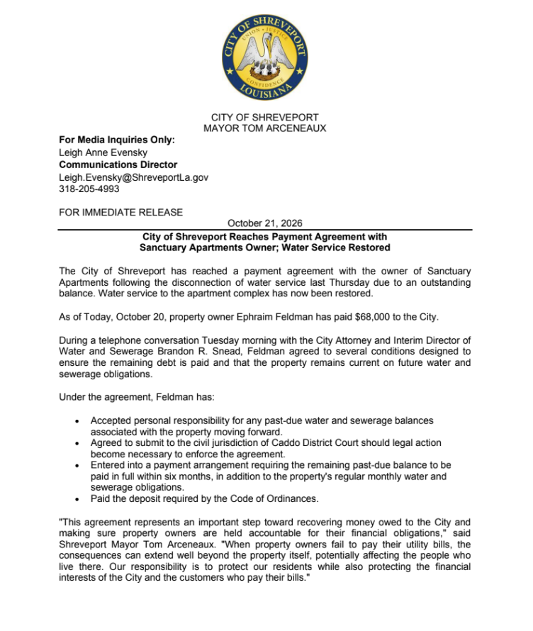 City of Shreveport reaches payment agreement with Santuary Apartments owner, Water service restored1
