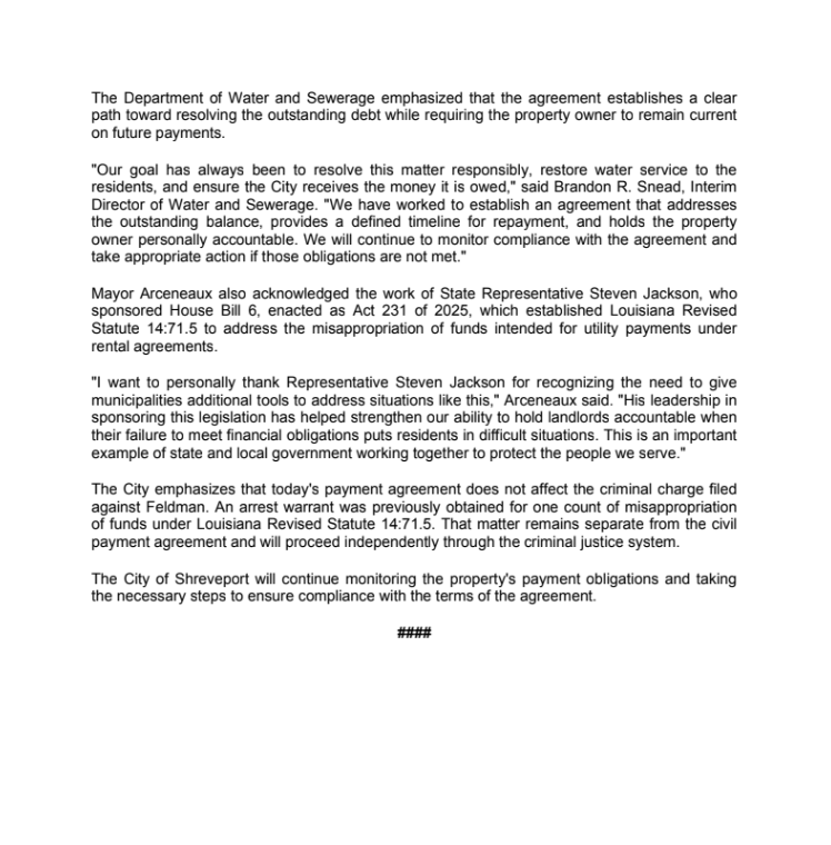 City of Shreveport reaches payment agreement with Santuary Apartments owner, Water service restored2