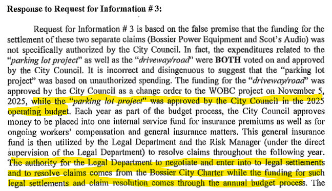 Document discussing funding approval by the City Council for infrastructure projects, highlighting the 'parking lot project' and 'driveway road' along with legal and budgetary details.