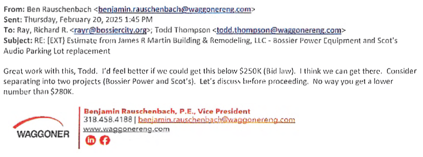 Email correspondence discussing a construction estimate between Benjamin Rauschenbach, Richard Ray, and Todd Thompson regarding Bossier Power Equipment and Scot's Audio parking lot replacement.