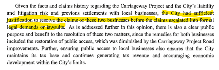 Excerpt discussing the Carriageway Project, the city's liability regarding local businesses, and the justification for resolving claims to prevent legal action.
