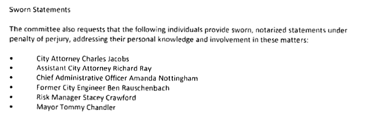 A list of individuals requested by a committee to provide sworn statements, including names and titles such as City Attorney and Mayor.