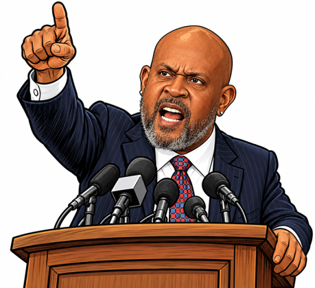Cartoon of Greg Young at podium with arm raised.