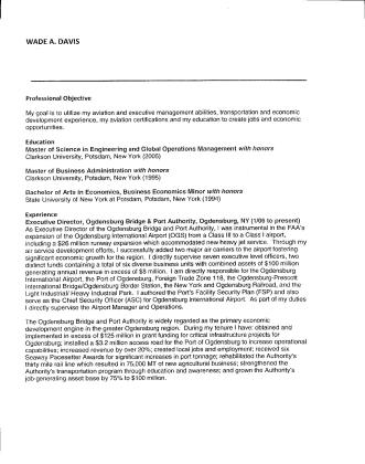 RESUME OF AIRPORT AUTHORITY DIRECTOR NOMINEE WADE DAVIS
