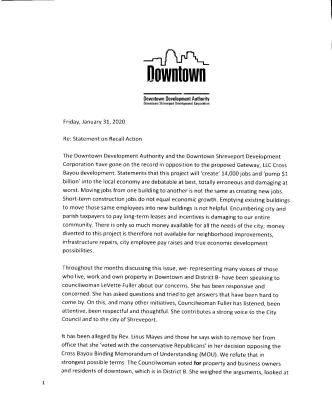 DOWNTOWN SHREVEPORT - STATEMENT ON RECALL ACTION