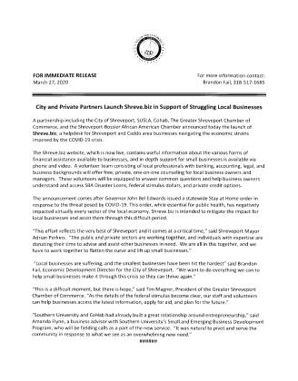 CITY AND PRIVATE PARTNERS LAUNCH SHREVE.BIZ IN SUPPORT OF STRUGGLING LOCAL BUSINESSES