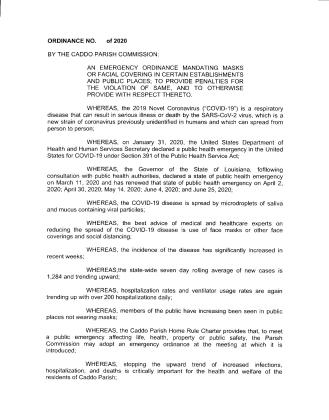 REVISED MASK ORDINANCE FOR VOTE BY CADDO COMMISSION ON JULY 9