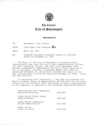 SALARY COMPARISONS OF LOCAL OFFICIALS AND SHREVEPORT MAYOR