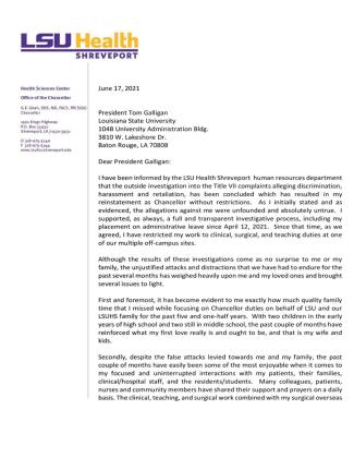 Ghali voluntarily resigns, following him being reinstated as LSU Health Shreveport Chancellor