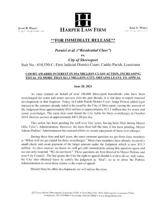 PRESS RELEASE - SHREVEPORT WATER CLASS ACTION CASE