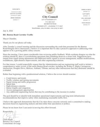 BOSSIER CITY COUNCILMAN CHRIS SMITH REQUESTS CARRIAGWAY TRAFFIC IMPACT INFO