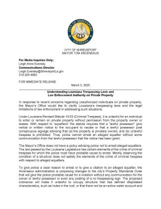 MAYOR ARCENEAUX'S MEMO ON TRESPASSING AND SQUATTERS AN ANSWER TO JOHN-PAUL YOUNG'S JUDGMENT LAWSUIT?