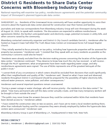 District G Residents to Share Data Center Concerns with Bloomberg Industry Group