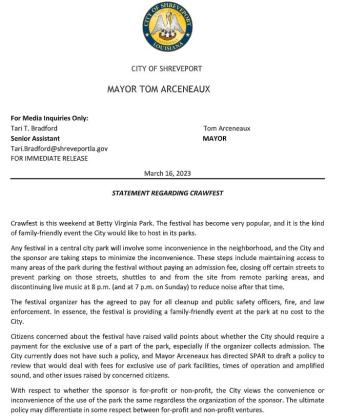 WHAT MAYOR ARCENEAUX DOES NOT SAY ABOUT CRAWFEST IN PRESS RELEASE