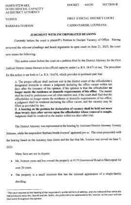 JUDGE O'CALLAGHAN'S OPINION DECLARING CADDO SCHOOL DISTRICT 7 SEAT VACANT