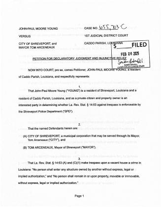 CADDO COMMISSIONER JOHN PAUL YOUNG FILES DECLARATORY JUDGMENT SUIT ON RIGHTS OF SPD TO ARREST SQUATTERS