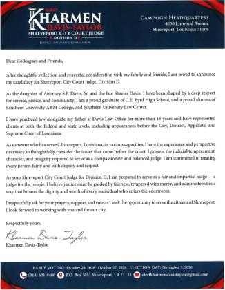 Kharmen Davis-Taylor's Candidacy Announcement for Shreveport City Court Judge, Division D