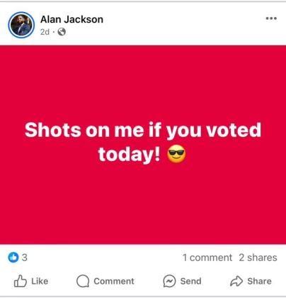 SHREVEPORT COUNCILMAN JACKSON:  "SHOTS ON ME IF YOU VOTED TODAY"