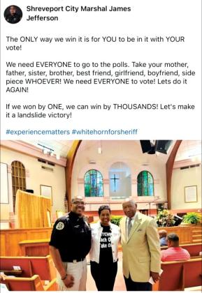 SHOULD SHREVEPORT CITY MARSHAL JEFFERSON BE CAMPAIGNING&amp;nbsp; IN UNIFORM FOR WHITEHORN AND REFERRING TO A "SIDE PIECE"?