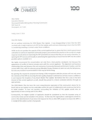 SHREVEPORT CHAMBER LETTER TO MPC ON MASTER PLAN RFP