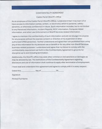 CADDO SHERIFF WHITEHORN REQUIRES CPSO PERSONNEL TO SIGN CONFIDENTIALITY AGREEMENT