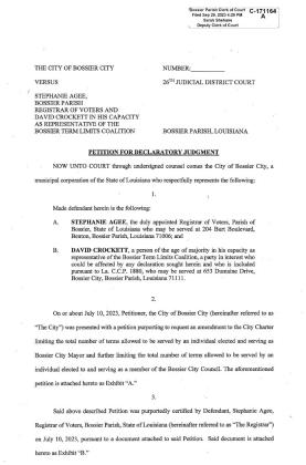 BOSSIER CITY SUES ON TERM LIMIT PETITION CERTIFICATION