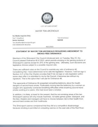 STATEMENT BY MAYOR TOM ARCENEAUX REGARDING AMENDMENT TO SMOKE-FREE ORDINANCE
