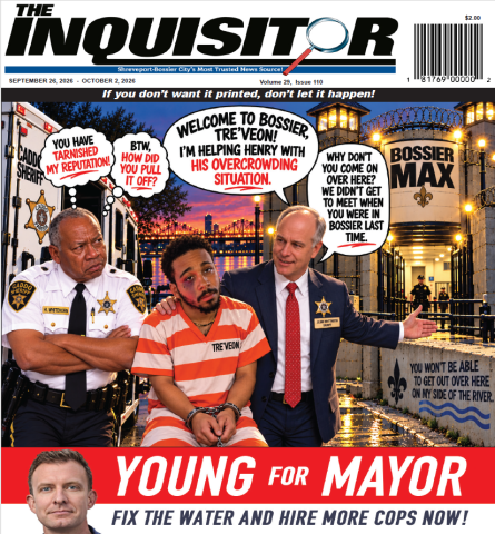 Cover of the Inquisitor newspaper. Picture of Treveon with Sheriff Whittington and Sheriff Whitehorn.