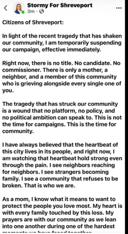 STORMY GAGE-WATTS SUSPENDS MAYORAL CAMPAIGN