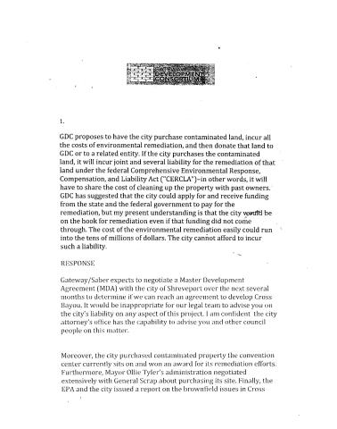 GATEWAY RESPONDS TO QUESTIONS FROM SHREVEPORT COUNCILMAN JOHN NICKELSON