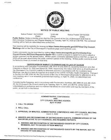 CITY OF SHREVEPORT - NOTICE OF PUBLIC MEETING