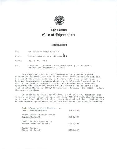 SALARY COMPARISONS OF LOCAL OFFICIALS AND SHREVEPORT MAYOR
