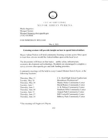 MAYOR ADRIAN PERKINS WILL HOLD COMMUNITY LISTENING SESSIONS
