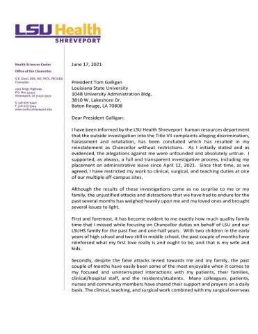 Ghali voluntarily resigns, following him being reinstated as LSU Health Shreveport Chancellor