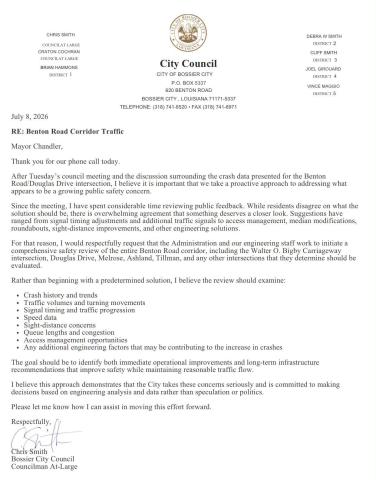 BOSSIER CITY COUNCILMAN CHRIS SMITH REQUESTS CARRIAGWAY TRAFFIC IMPACT INFO