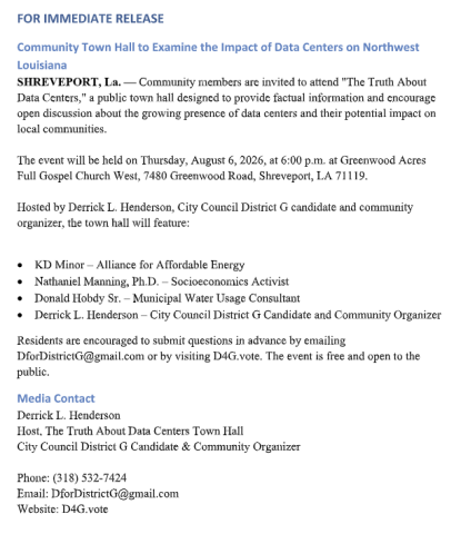 Community Town Hall to Examine the Impact of Data Centers on Northwest Louisiana