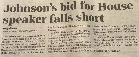 TODAY'S SHREVEPORT TIMES FRONT PAGE REMINISCENT OF "DEWEY BEATS TRUMAN" HEADLINES