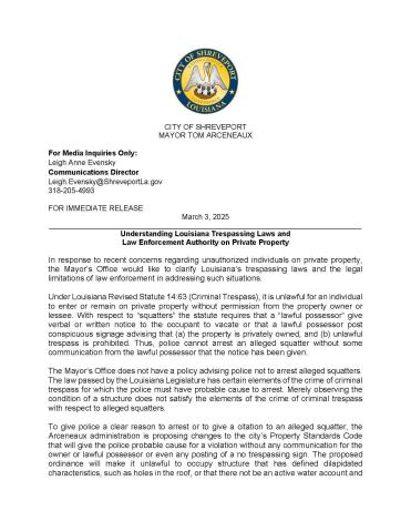 MAYOR ARCENEAUX'S MEMO ON TRESPASSING AND SQUATTERS AN ANSWER TO JOHN-PAUL YOUNG'S JUDGMENT LAWSUIT?