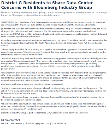 District G Residents to Share Data Center Concerns with Bloomberg Industry Group