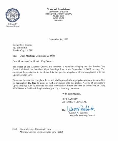 ATTORNEY GENERAL INVESTIGATION OF BOSSIER CITY COUNCIL