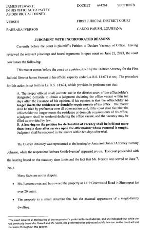 JUDGE O'CALLAGHAN'S OPINION DECLARING CADDO SCHOOL DISTRICT 7 SEAT VACANT