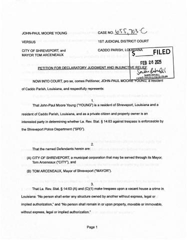 CADDO COMMISSIONER JOHN PAUL YOUNG FILES DECLARATORY JUDGMENT SUIT ON RIGHTS OF SPD TO ARREST SQUATTERS