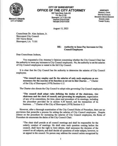 SHREVEPORT CITY ATTORNEY'S OPINION ON PAY RAISES
