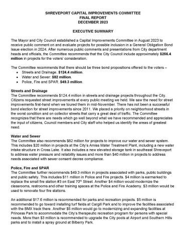 SHREVEPORT CAPITAL IMPROVEMENTS COMMITTEE FINAL REPORT
