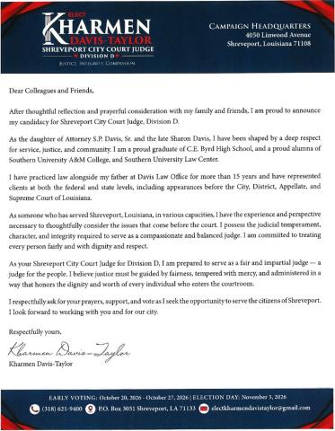 Kharmen Davis-Taylor's Candidacy Announcement for Shreveport City Court Judge, Division D