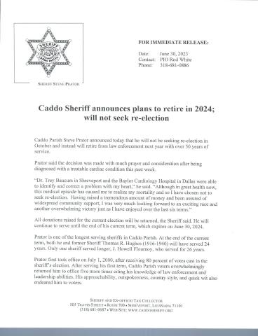 Caddo Sheriff Announces Plans to Retire