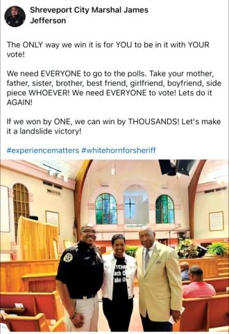 SHOULD SHREVEPORT CITY MARSHAL JEFFERSON BE CAMPAIGNING&nbsp; IN UNIFORM FOR WHITEHORN AND REFERRING TO A "SIDE PIECE"?
