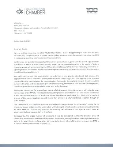 SHREVEPORT CHAMBER LETTER TO MPC ON MASTER PLAN RFP